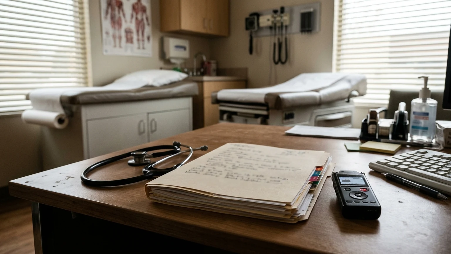 AI-generated doctor's office exam room.
