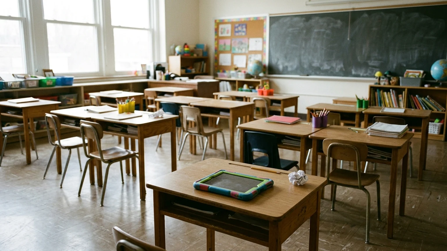 AI-generated image of an empty classroom with a tablet on a desk.