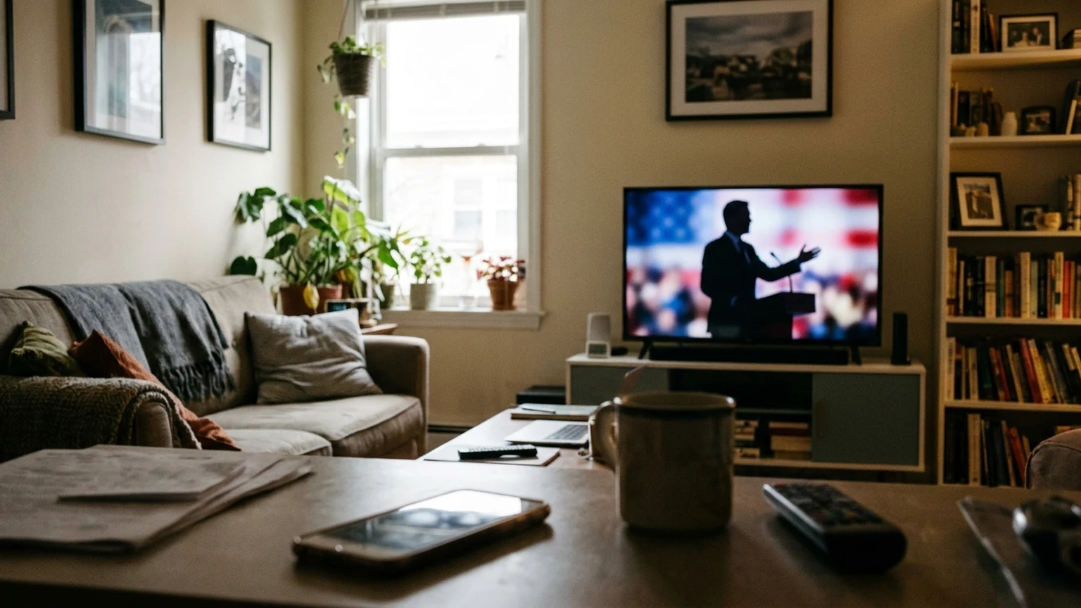 AI-generated image of a living room with a generic political ad on TV.