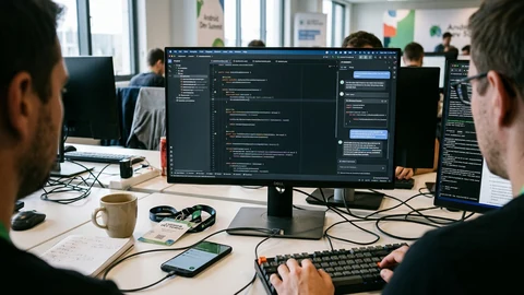 AI-generated image of a developer workstation with a code editor and AI panel.