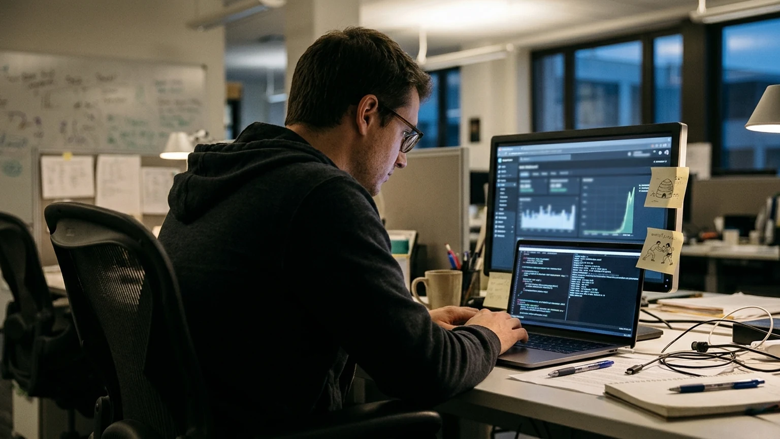 AI-generated researcher at desk.