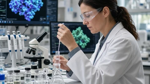 AI-generated editorial-style image of a scientist in a laboratory with vials, a microscope and molecular models on screens.