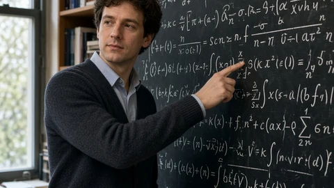 AI-generated editorial-style image of a mathematician at a chalkboard covered in dense notation.