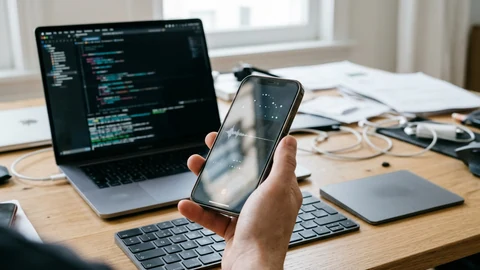 AI-generated image of a smartphone on an Apple-style developer desk.