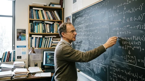 AI-generated image of a mathematician at a blackboard covered in dense mathematical notation.