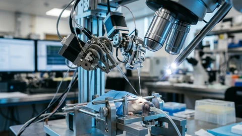 AI-generated surgical microscope scene.