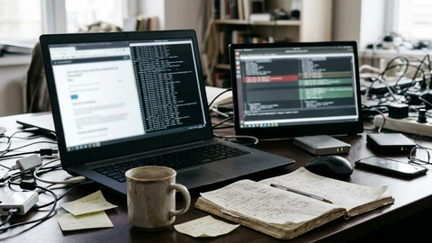 AI-generated security researcher desk.