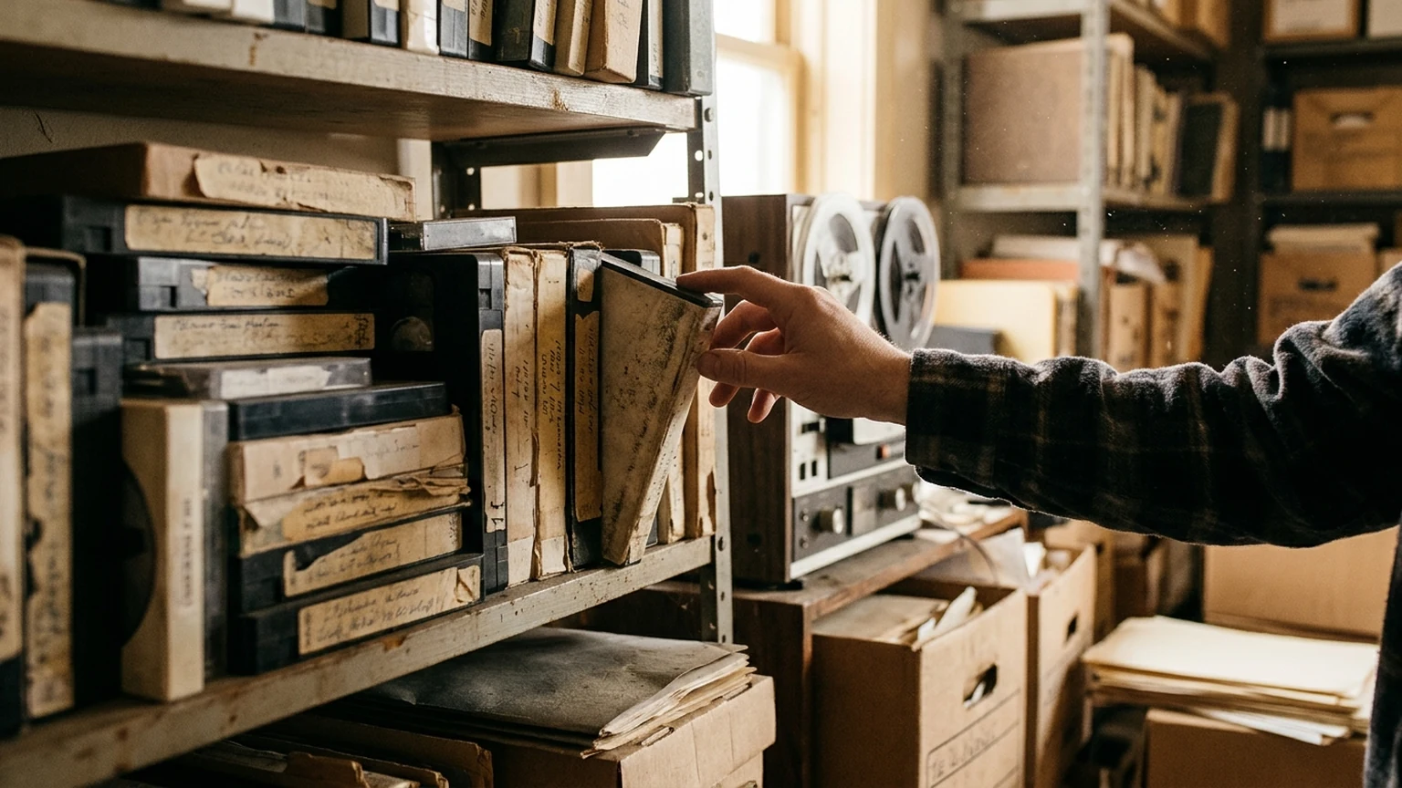 AI-generated archive shelf with tapes.