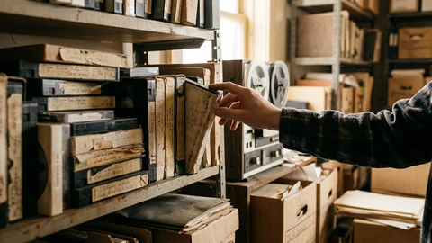 AI-generated archive shelf with tapes.