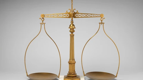 A historic brass balance scale with circular pans against a dark background. No people appear.