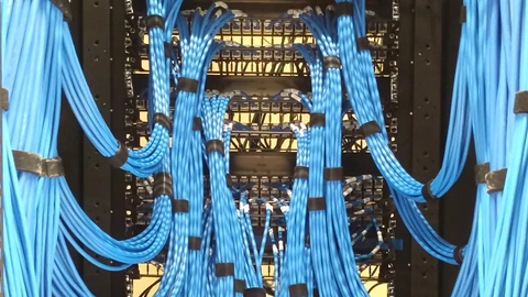 A vertical Ethernet patch panel densely wired with blue cables. No people appear.