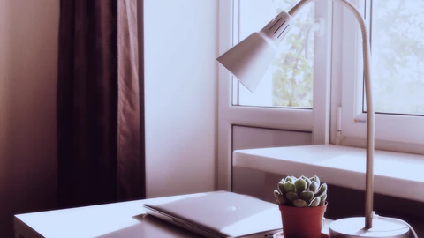 Closed laptop beside a small desk lamp on a wooden table. No people appear.