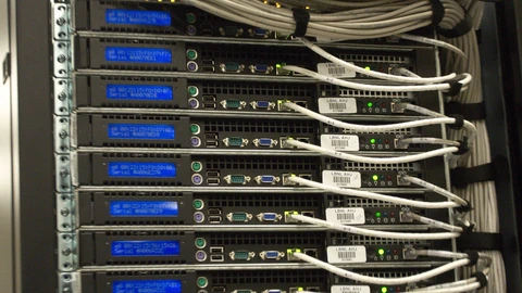 Close-up of the rear of a server rack with dense cabling. No people appear.