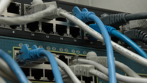 Network switches with patch cables in a rack, photographed close up. No people appear.