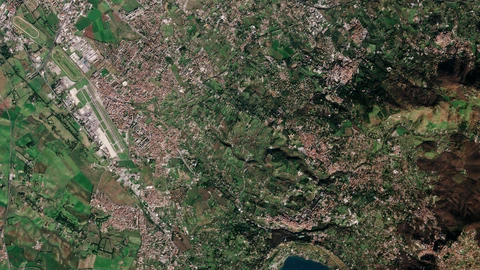 Natural-colour Sentinel-2A satellite view of the Castelli Romani hills south-east of Rome, with Lake Albano and Lake Nemi visible as dark circles.