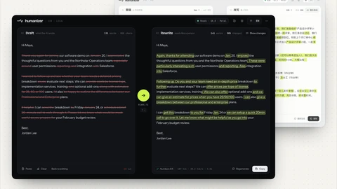 Screenshot of the Humanizer desktop app with a draft pane on the left and rewrite pane on the right.