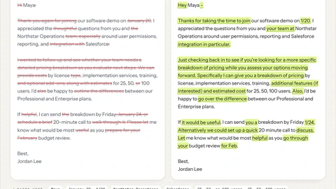 Side-by-side work-email draft and Humanizer rewrite with highlighted wording changes.