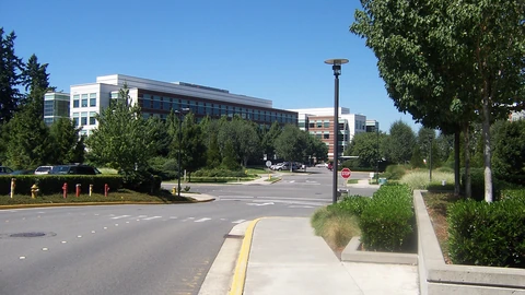 An empty road intersection on the Microsoft Redmond campus with a company sign visible among trees. No people appear.
