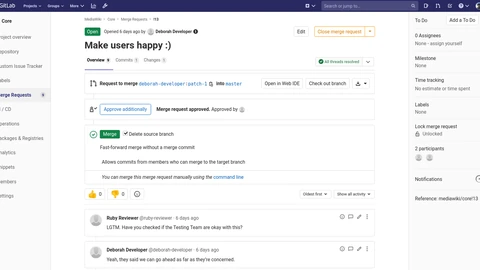 Screenshot of a GitLab merge request interface with diffs and discussion panels. No people appear.