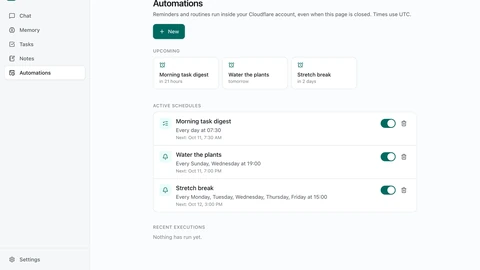 Talorys automations screen listing recurring schedules such as a morning task digest, a plant-watering reminder and a stretch break, each with a next-run time.