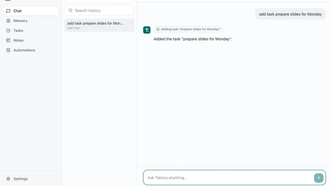 Talorys chat screen: a left sidebar with Chat, Memory, Tasks, Notes and Automations, and a conversation adding a task from a chat message.