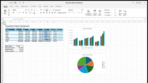 GridCraft showing a Quarterly Sales Dashboard sample: a banded table with filter buttons, totals, growth arrows and sparklines, next to a clustered column chart and a pie chart.