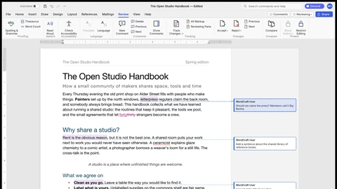 WordCraft’s Review tab with Track Changes on: an inserted word in magenta, a struck-through word, and comment balloons linked to shaded phrases in the right margin.