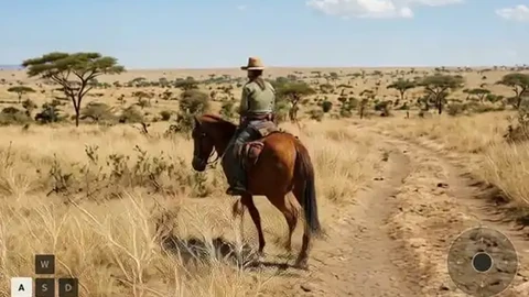 A generated first-person-follow view of a rider on a brown horse crossing dry savannah grass under a blue sky, with WASD and camera-control overlays in the corners.