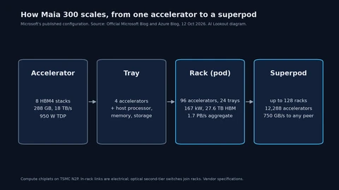 Diagram of four boxes joined by arrows: an accelerator with 288 GB of HBM4 at 18 TB/s and 950 W; a tray of four accelerators with a host; a 96-accelerator rack at 167 kW with 27.6 TB of HBM; and a superpod of up to 128 racks and 12,288 accelerators.
