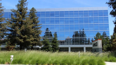 A glass-fronted office building behind tall pine trees and ornamental grass, with an AMD sign at the roadside.