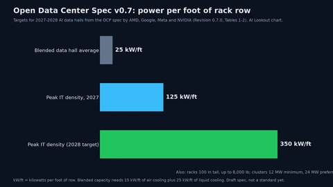 Bar chart of power per foot of rack row in the Open Data Center Spec v0.7: blended data hall average 25 kW per foot, peak IT density in 2027 125 kW per foot, and peak IT density target 350 kW per foot. A note adds racks 100 inches tall, up to 8,000 pounds, and clusters of 12 MW minimum, 24 MW preferred.