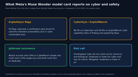 Four panels summarising the model card. ExploitGym: 92 flags captured, 21 via the intended vulnerability and 71 via unintended ones. CyberGym 88.4 percent and ExploitBench 58.9 percent. Jailbreak attack success 0.8 percent on CyberBench and 8 to 9 percent on RedCode. Risk call: without mitigations, high chemical and biological risk not ruled out; with mitigations, moderate or lower everywhere.