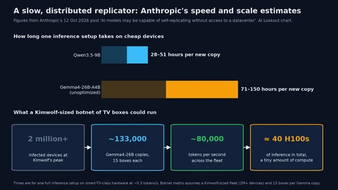 Top: bars showing one full inference setup takes 28 to 51 hours for Qwen3.5-9B and 71 to 150 hours for an unoptimized Gemma4-26B-A4B on cheap devices. Bottom: four linked cards, 2 million plus infected devices at Kimwolf’s peak, about 133,000 Gemma copies at 15 boxes each, about 80,000 tokens per second, roughly 40 H100s of inference.