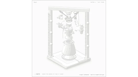 The same isometric rocket engine in its test stand, now pulled apart: turbopumps, pipes, valves and the nozzle float separately between the stand’s posts, with a label naming one assembly at the bottom.