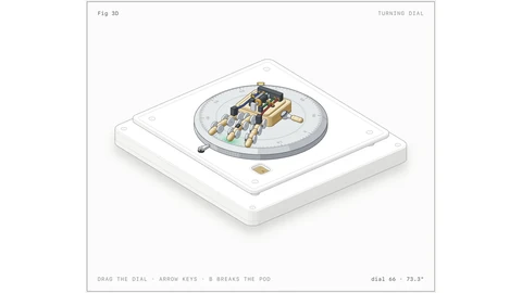 A combination dial on a raised square plate drawn in isometric view, with a small gold and chrome robot hand lying across it. The card says drag the dial, arrow keys, B breaks the pod, and reads dial 66 at 72.3 degrees.