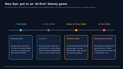 Timeline with four dated boxes. 7 February 2024: Disney says it will invest 1.5 billion dollars for an equity stake and build a Fortnite-linked universe with Epic. 24 March 2026: Epic cuts about 1,000 jobs and over 500 million dollars in costs, citing weaker Fortnite engagement. Week of 5 October 2026: per Bloomberg, the shooter’s staff are told there will be no more hand-written code. 12 October 2026: Bloomberg reports the March 2027 game has no date, and Sweeney posts about a huge pivot to AI.
