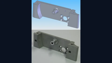 Two views of the same bracket. Above, a grey CAD model on a blue background with a curved cut-out, a cylindrical boss, four small holes around a larger hexagonal opening, and mounting holes at each end. Below, the matching aluminium part machined from it, with a sandblasted matte finish and a shiny threaded boss.
