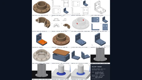A grid of 19 rendered tiles from smlibpy’s software renderer, showing a bronze pipe flange and a blue L-shaped bracket as an isometric view, first- and third-angle technical drawings, hidden-line views, a hatched section, a before-and-after difference image, a four-view sheet, highlighted faces and markers, a sketch on a face, size annotations, an x-ray view, one colour per body, mirrored views, and zebra-stripe and curvature maps comparing a circular fillet with a curvature-continuous blend.