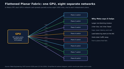 Diagram of a GPU whose network card sends eight 100G links, one each to eight separate plane switches. A side note lists Meta’s stated benefits: larger non-blocking clusters, a two-tier instead of three-tier Clos network with fewer hops, load balancing that starts at the network card, and hosts that steer traffic away from a failed plane.