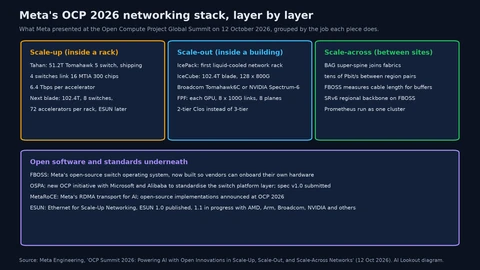 Diagram with four boxes. Scale-up inside a rack: Tahan, a 51.2T Tomahawk 5 switch, with four switches linking 16 MTIA 300 chips at 6.4 terabits per second each, and a next blade on 102.4T silicon linking 72 accelerators per rack. Scale-out inside a building: the liquid-cooled IcePack rack, IceCube 102.4T blades with 128 800G ports on Broadcom Tomahawk6C or NVIDIA Spectrum-6, and the Flattened Planar Fabric with eight 100G links per GPU. Scale-across between sites: the BAG super-spine, tens of petabits per second between region pairs, and an SRv6 regional backbone. Underneath: FBOSS, the OSPA switch-platform initiative, MetaRoCE and the ESUN standard.