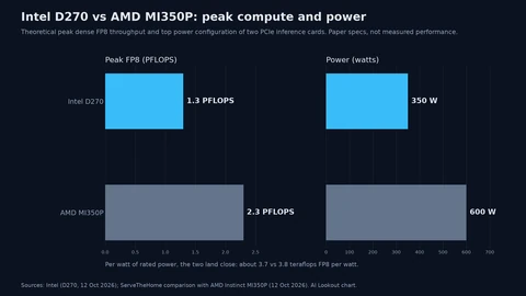 Two bar charts. Peak FP8: Intel D270 1.3 petaflops, AMD MI350P 2.3 petaflops. Power: Intel D270 350 watts, AMD MI350P 600 watts in its highest configuration. A note says that per watt of rated power the two are close, about 3.7 versus 3.8 teraflops FP8 per watt.