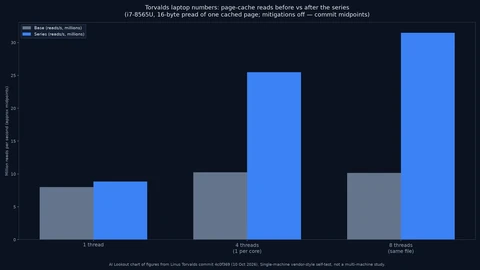 Grouped bar chart of million reads per second on Torvalds’ laptop for 16-byte pread of one cached page. Base roughly 8.0, 10.3 and 10.2 million for 1 thread, 4 threads one-per-core, and 8 threads; series roughly 8.9, 25.5 and 31.5 million. Midpoints of the ranges in the commit message.