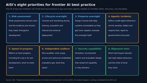 Eight boxes in two rows: risk assessment; lifecycle oversight; preserving oversight; agentic AI incidents; sharing the speed of progress; enabling independent auditors; measuring security-relevant capabilities; and measuring alignment. Each box gives a one-line summary of the open question AISI poses.