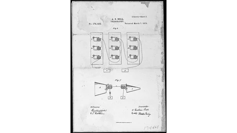 Scanned 1876 patent drawing sheet headed “A. G. Bell, Telegraphy, No. 174,465, Patented March 7, 1876”. Figure 6 shows three wired panels of electromagnet units; Figure 7 shows two cone-shaped instruments connected by a wire. Witness and inventor signatures appear at the bottom.