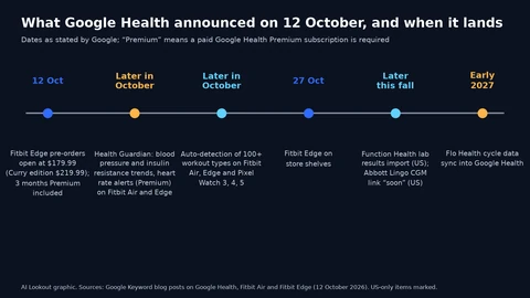 Timeline: 12 October, Fitbit Edge pre-orders at $179.99 with three months of Premium; later in October, Health Guardian blood pressure and insulin resistance trends and heart rate alerts for Premium users on Fitbit Air and Edge; later in October, automatic detection of more than 100 workout types; 27 October, Fitbit Edge in stores; later this fall, Function Health lab imports and an Abbott Lingo link in the US; early next year, Flo Health cycle sync.