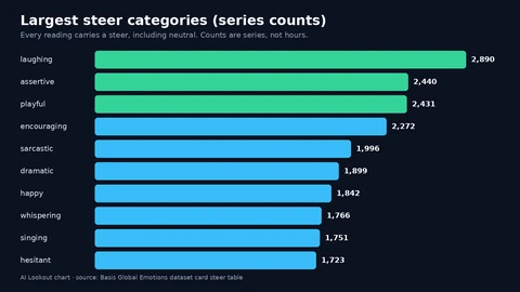 Horizontal bars for the ten largest steers by series count, led by laughing at 2,890 series, then assertive, playful, encouraging, sarcastic, dramatic, happy, whispering, singing and hesitant.