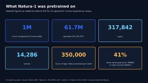 Six cards: 1M hours of egocentric human data, 61.7M episodes, 317,842 tasks, 14,286 scenes, 350,000 hours processed per week, 41% lower hand-pose error.