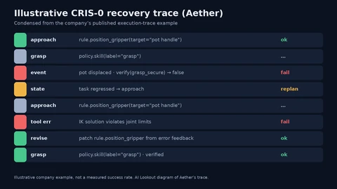 Step list of an illustrative pot-grasp recovery: approach, failed grasp after displacement, regress to approach, IK error, tool revise, verified grasp.