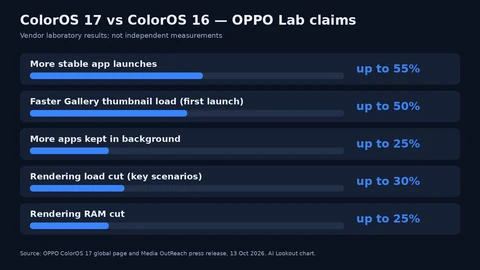 Horizontal bars of OPPO Lab claims for ColorOS 17 versus ColorOS 16: up to 55% more stable app launches, 50% faster Gallery thumbnails, 25% more background apps, 30% lower rendering load, 25% lower rendering RAM.