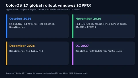 Four panels for October 2026, November 2026, December 2026 and Q1 2027 ColorOS 17 device families listed by OPPO.